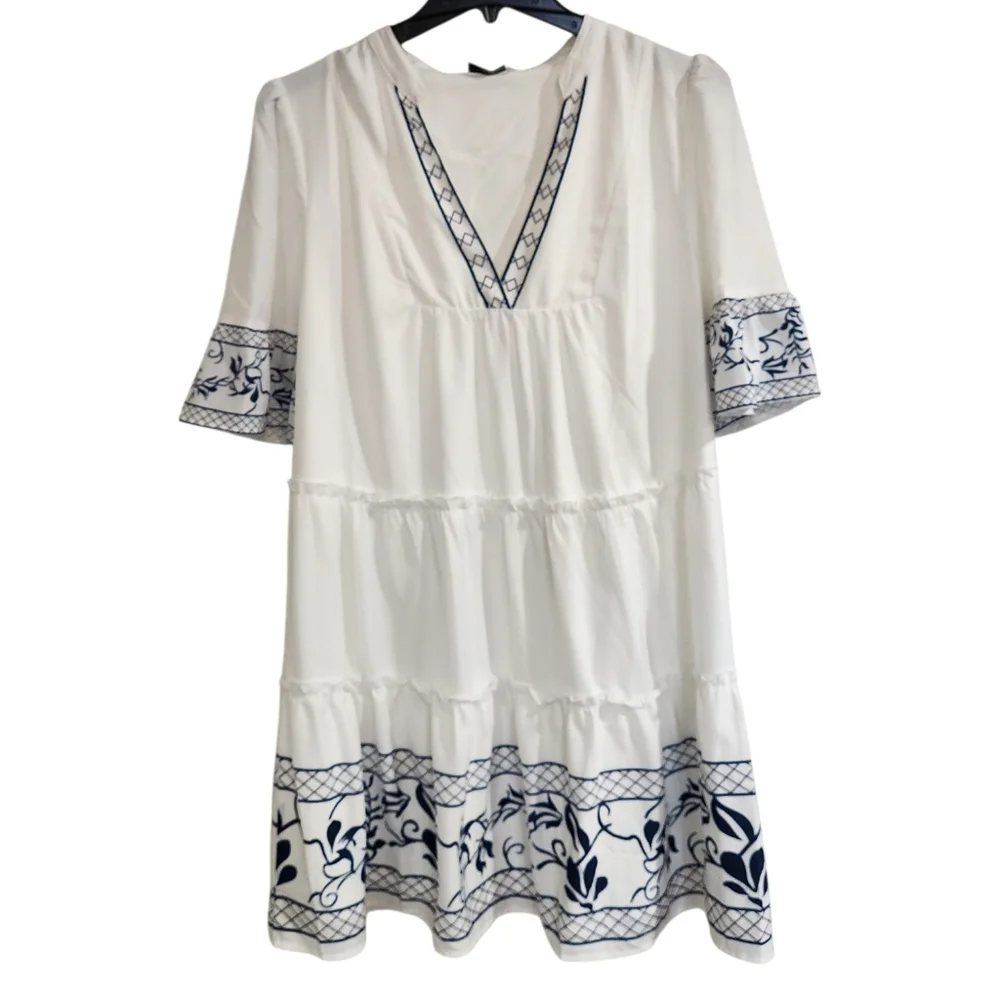 Cupshe Womens Sz XL Above Knee Dress White Navy V Neck Tiered Coastal Beach